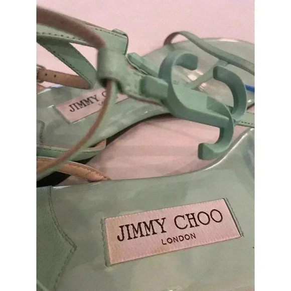 JIMMY CHOO Alodie Flat Nappa Patent Leather Sandals T Strap Logo Mint Green 9 39 - Picture 12 of 16